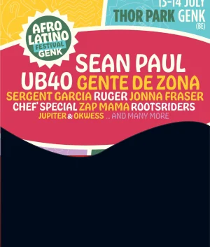 Banner van het Afro Latino Festival in Genk op 13 en 14 juli, met onder anderen Sean Paul, UB40 en Gente de Zona
