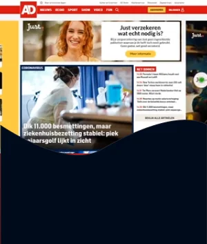 Advertentie van Just (“Just verzekeren wat echt nodig is?”) op de homepage van AD.nl