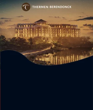 Banner van Thermen Berendonck met het wellnessresort bij zonsondergang