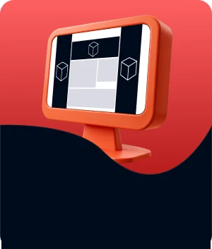 Illustratie van een 3D homepage take-over rondom een website op een monitor